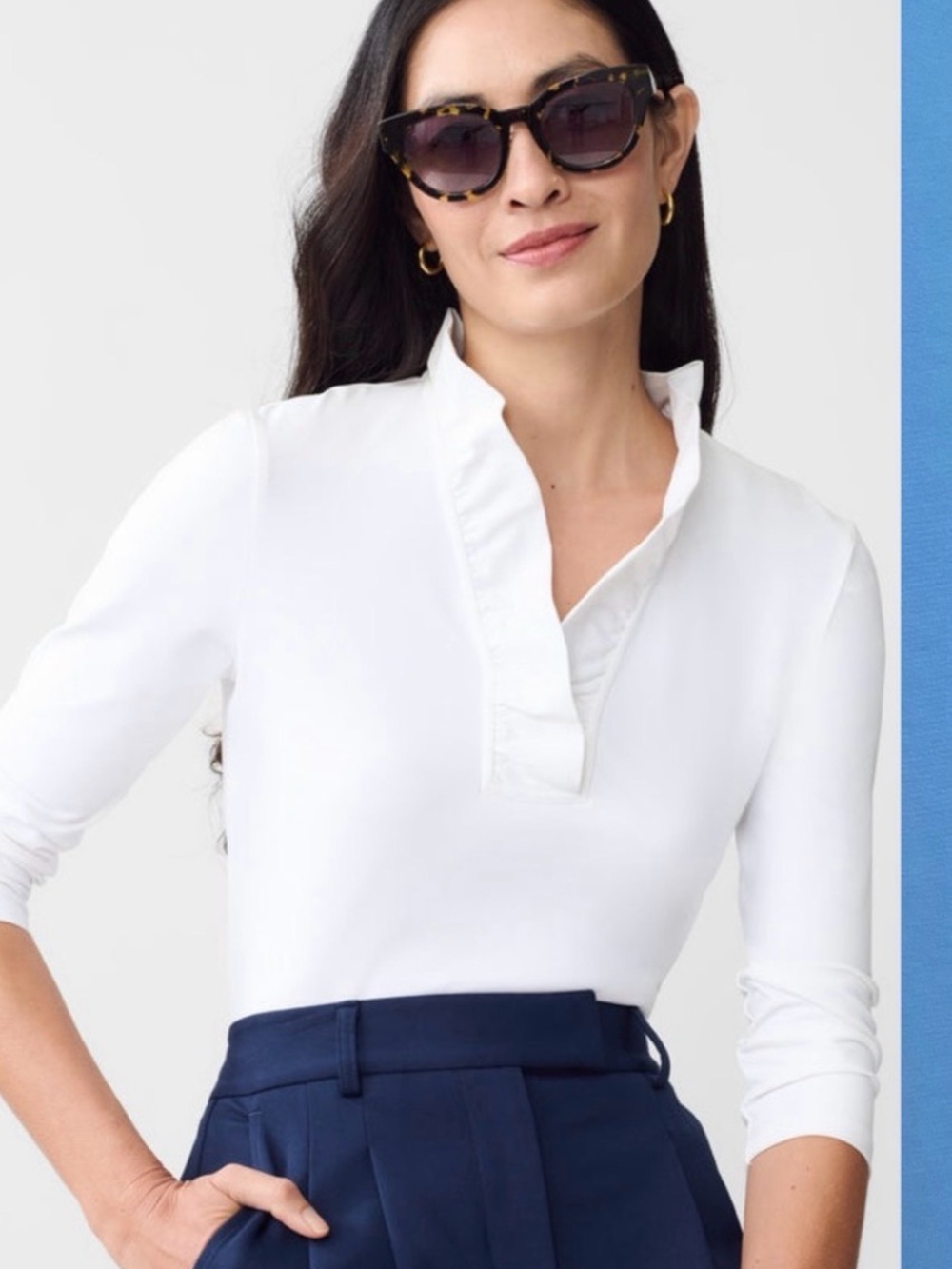 J. McLaughlin White Ruffle-Trim Long Sleeve Top